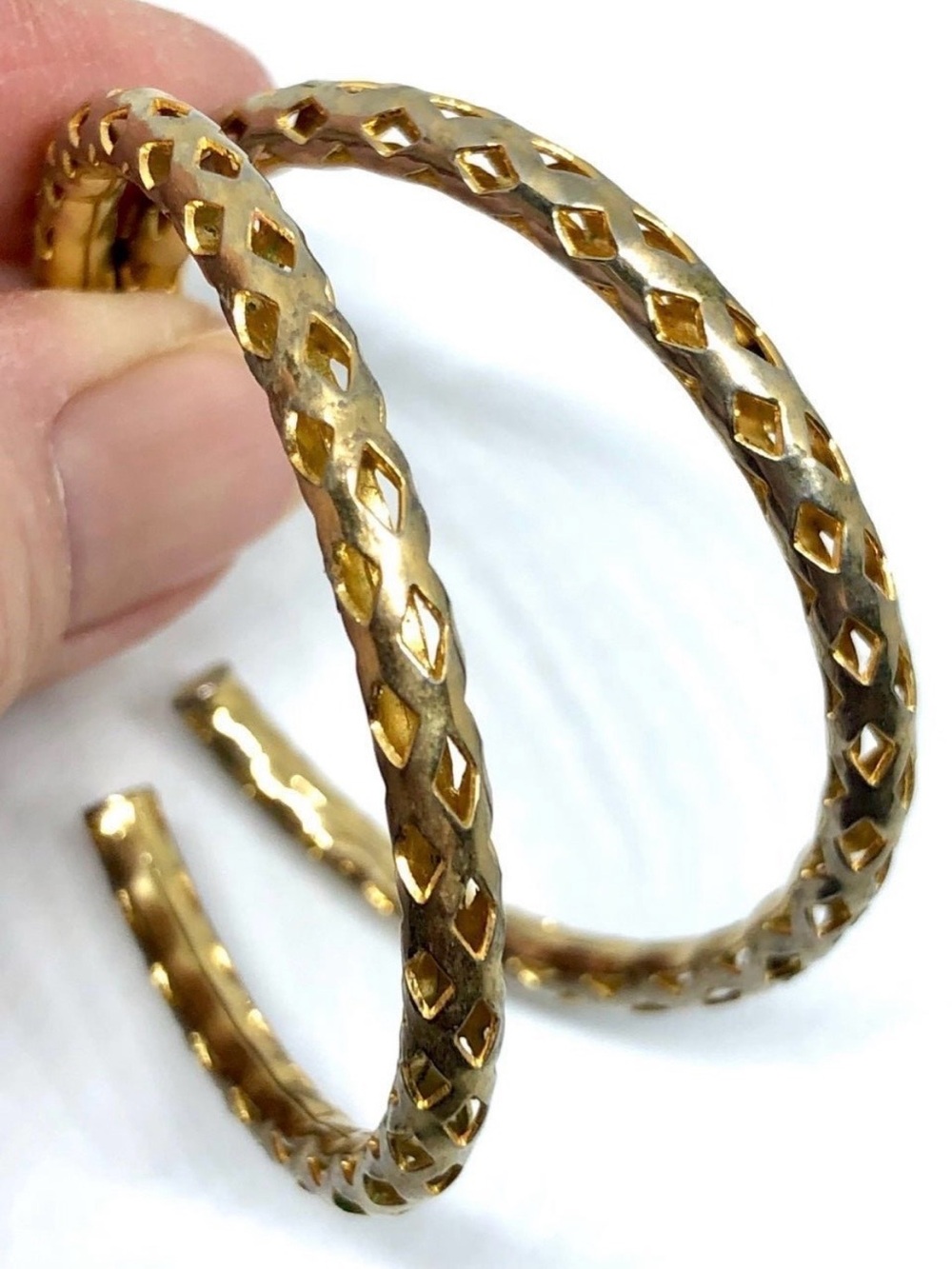 Vintage Diamond Pattern Lattice Openwork Gold Tone Post Hoops Hoop Earrings 2”